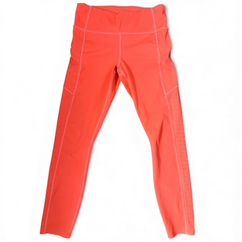 Athleta Laser-Cut High Rise Run Tight in Neon Coral | Compression Leggings Small - Picture 2 of 15